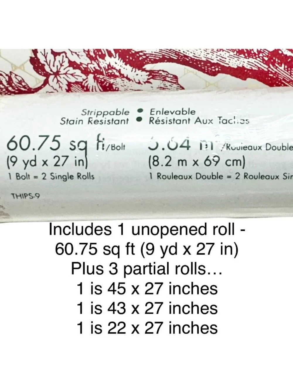 Thibaut Red White Toile Wallpaper Rolls 60.75 SF plus Strippable Stain Resistant